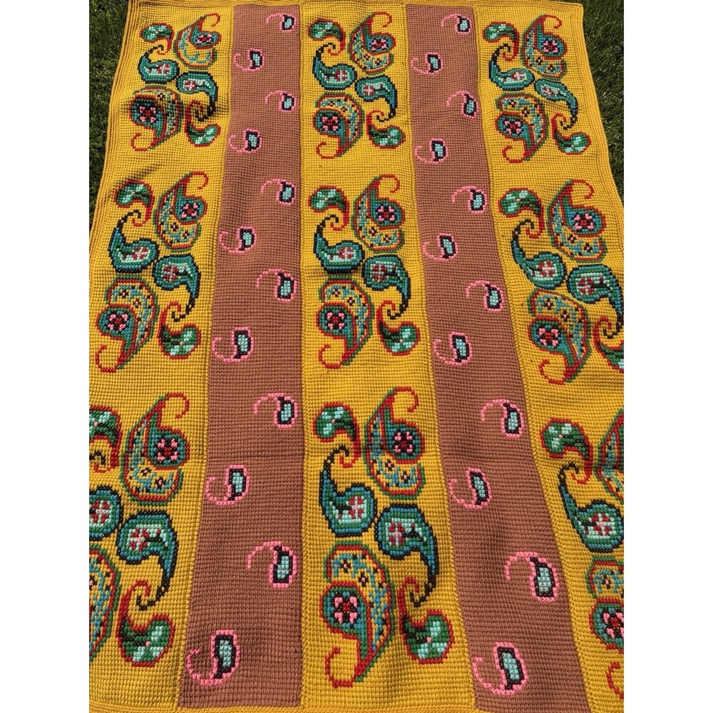 Afghan Knitted Blanket Handmade Throw Multicolor 60x42 Paisley Quilt Vintage
